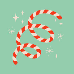 Christmas candy cane illustration. Snowflakes and sparkles. Striped helical shape isolated on blue background. Cute xmas concept, holiday greetings. Great for Christmas and New Year party design. - 551708185