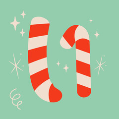 Set of two Christmas candy canes. Snowflake and sparkles. Cute xmas concept. Striped christmas illustration. - 551708186