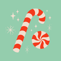 Christmas candy cane and peppermint swirl candy vector illustration on blue background. Cute xmas concept, holiday greetings. Great for Christmas and New Year party design. - 551708191