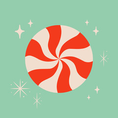 Christmas peppermint swirl candy vector illustration on blue background. Snowflake symbol and sparkles. Cute xmas concept, holiday greetings. New Year party design. - 551708196