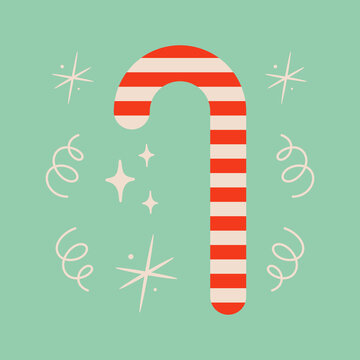 Christmas candy cane vector illustration on blue background. Snowflake and sparkles. Cute xmas concept, holiday greetings. Great for Christmas and New Year party design.