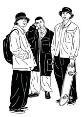 3 young men standing and talking
Urban people. Typical art illustration.