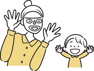 パックをするアジア人女性と楽しむ子供のイラスト素材