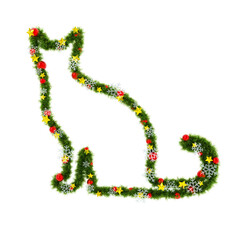 Beautiful Christmas Graphic Element with christmas wreath material in the shape of Sitting Cat, with red orbs and snowflakes and shiny stars on transparent background (RGBA 3D Rendering PNG)