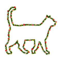 Beautiful Christmas Graphic Element with christmas wreath material in the shape of Walking Cat, with red orbs and snowflakes and shiny stars on transparent background (RGBA 3D Rendering PNG)