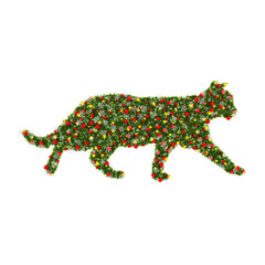 Beautiful Christmas Graphic Element with christmas wreath material in the shape of Walking Cat, with red orbs and snowflakes and shiny stars on transparent background (RGBA 3D Rendering PNG)