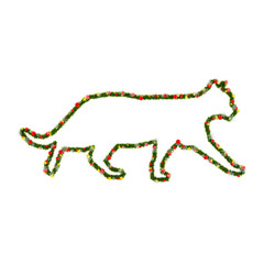 Beautiful Christmas Graphic Element with christmas wreath material in the shape of Walking Cat, with red orbs and snowflakes and shiny stars on transparent background (RGBA 3D Rendering PNG)