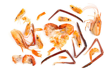 Shrimp heads and shrimp shells, food waste, leftovers, waste. Natural seafood. Lunch. Dinner...