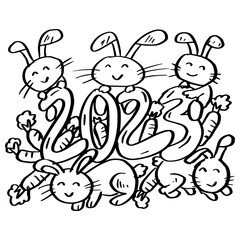 Fototapeta na wymiar Happy New Year 2023 with Rabbit Coloring Pages