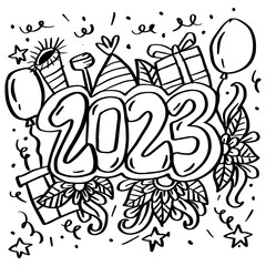 Coloring pages new years illustrations. 2023 hand drawn doodles illustration