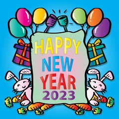 Happy New Year 2023 greeting card with cute rabbit.