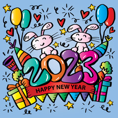 Fototapeta premium Happy New Year 2023 greeting card with cute rabbit.