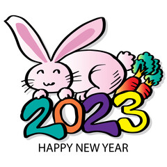 Happy New Year 2023 greeting card with cute rabbit.