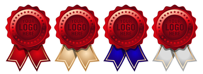 Big set red medal with color ribbon vector. Set of seal award red. Medal badge icons premium red. Blank certificate template - rosette with medal