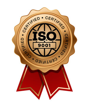 ISO 9001 Bronze medal with red ribbon vector. Seal award bronze. Quality management systems. QMS standard.