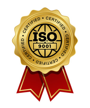 ISO 9001 Golden medal with red ribbon vector. Seal award gold. Quality management systems. QMS standard.