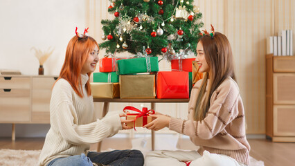 Obraz na płótnie Canvas Christmas concept, Two women wearing deer horn and exchanging gift box with happiness together