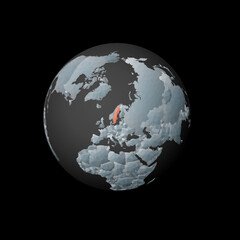 Low poly globe centered to Sweden. Red polygonal country on the globe. Satellite view of Sweden. Radiant vector illustration.