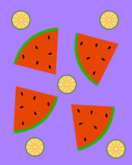 Trozos de sandia, melon, acendría, sindria, patilla junto a rodajas de limones. Sandia roja. Trozos de limones. Patrón de frutas. Fondo frutal. Frutas.