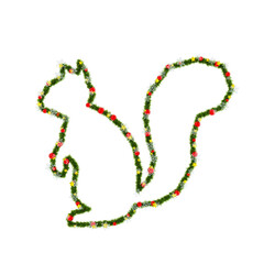 Beautiful Christmas Graphic Element with christmas wreath material in the shape of Squirrel, with red orbs and snowflakes and shiny stars on transparent background (RGBA 3D Rendering PNG)