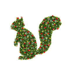 Beautiful Christmas Graphic Element with christmas wreath material in the shape of Squirrel, with red orbs and snowflakes and shiny stars on transparent background (RGBA 3D Rendering PNG)