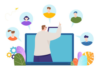 Teacher male character online education, student internet remote obtain university knowledge flat vector illustration, isolated on white.