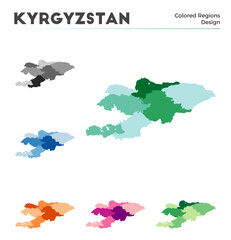 Kyrgyzstan map collection. Borders of Kyrgyzstan for your infographic. Colored country regions. Vector illustration.