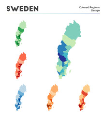 Sweden map collection. Borders of Sweden for your infographic. Colored country regions. Vector illustration.