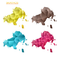 Set of vector polygonal maps of Skiathos. Bright gradient map of island in low poly style. Multicolored Skiathos map in geometric style for your infographics. Attractive vector illustration.