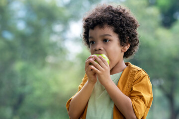 Portrait of half African child boy eat green apples at outdoor park, healthy fruit for children
