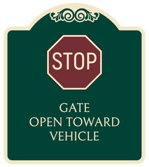 Decorative automatic gate warning sign and labels gate open toward vehicle