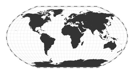 Vector world map. Wagner VI projection. Plan world geographical map with latitude/longitude lines. Centered to 0deg longitude. Vector illustration.