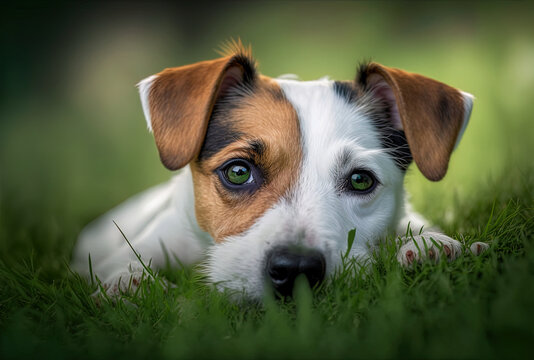 Jack Russell terrier making a face while resting down on park grass that is naturally green.. Generative AI