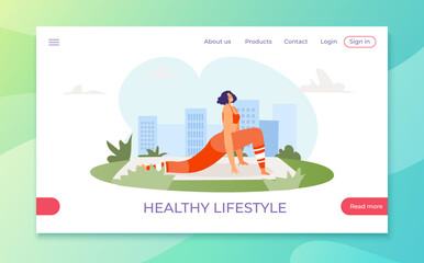 Outdoor fitness healthy lifestyle web application website banner, template landing webpage mobile app flat vector illustration marketing page.