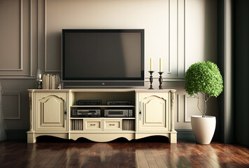 Tv cabinet with wood flooring and a cream colored wall.. Generative AI