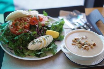 Fresh Salad and Mushroom Soup