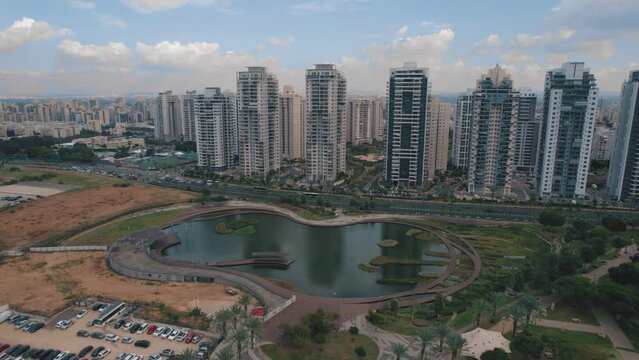 Ecological lake - Aerial Boomerang shot - Petah Tikva israel #003