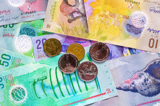 Group of money Maldives banknotes and coins on a white background. Maldives Currency rufiyaa note and coins , rufiyaa bank note, Maldivian rufiyaa money. Money and finances concept.