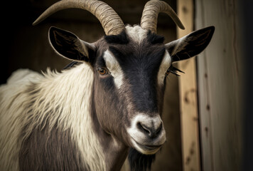 Close up of a horned goat on a farm.. Generative AI