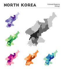 North Korea map collection. Borders of North Korea for your infographic. Colored country regions. Vector illustration.