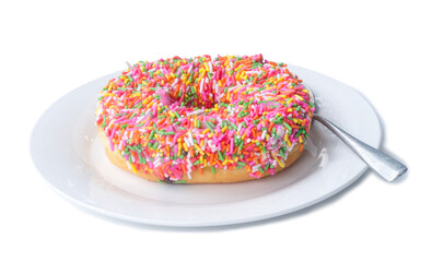 Single colorful chocolate glazed donut on white plate with small spoon isolated on white background...