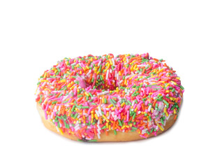 Single colorful chocolate glazed donut isolated on white background with clipping path in png file...