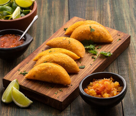 Fried empanadas with spicy sauce - typical Colombian food