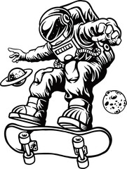 Spaceman Playing Skateboard monochrome Vector illustrations for your work Logo, mascot merchandise t-shirt, stickers and Label designs, poster, greeting cards advertising business company or brands.