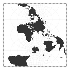 Vector world map. Transverse spherical Mercator projection. Plan world geographical map with latitude/longitude lines. Centered to 60deg W longitude. Vector illustration.