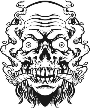 Spooky Zombie Smoking Monochrome Vector illustrations for your work Logo, mascot merchandise t-shirt, stickers and Label designs, poster, greeting cards advertising business company or brands.