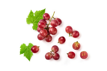 Red grape with leaves isolated background. top view
