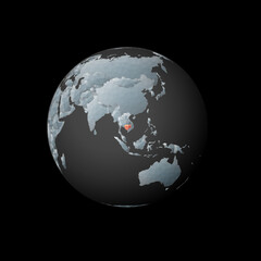 Low poly globe centered to Cambodia. Red polygonal country on the globe. Satellite view of Cambodia. Superb vector illustration.