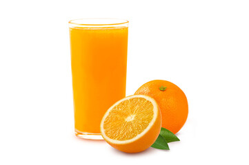 Glass of orange juice and orange isolated on white background.