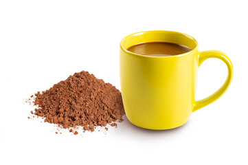Cup of hot cocoa with cocoa powder isolated on white background.